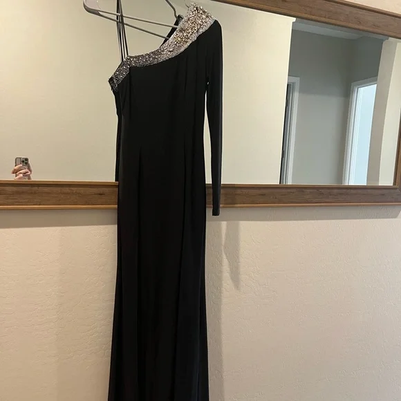 ABS ALLEN SHWARTZ RHINESTONE SEQUIN CHAIN ONE SLEEVE GOWN DRESS NEW - Picture 1 of 3